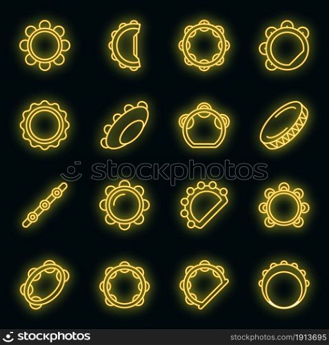 Tambourine icons set. Outline set of tambourine vector icons neon color on black. Tambourine icons set vector neon