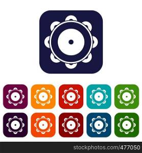 Tambourine icons set vector illustration in flat style in colors red, blue, green, and other. Tambourine icons set
