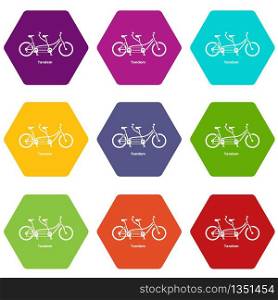 Tandem bicycle icons 9 set coloful isolated on white for web. Tandem bicycle icons set 9 vector