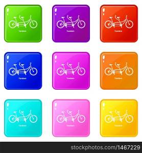 Tandem bicycle icons set 9 color collection isolated on white for any design. Tandem bicycle icons set 9 color collection