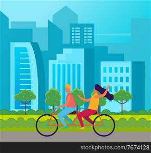 Tandem bicycle riders cartoon characters. Girl and guy riding on double bike on the road at cityscape background. Romantic ride in the city park sunny summer weather. Couple cycling in city outdoor. Tandem bicycle riders. Girl and guy riding on double bike on the road at cityscape background