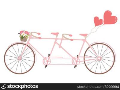 Tandem bicycle with basket fully of rose flowers and heart. Vector. Ideal for invitation design, save the date, wedding and other. Valentine&rsquo;s Day postcard with vintage tandem bicycle.