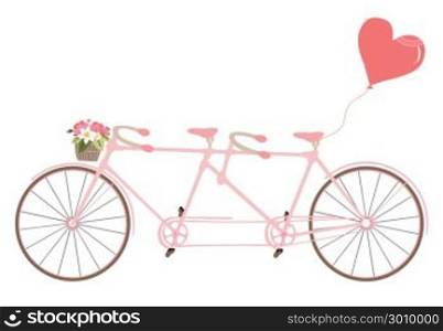 Tandem Bicycle with flowers, design element for wedding invitations. Bicycle with basket fully of rose flowers and heart. Vector. Ideal for invitation design, save the date, wedding and other.