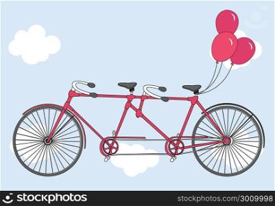 Tandem bicycle with hearts balloons. Valentine&rsquo;s day greeting card. Vector illustration. Ideal for invitation design, save the date, wedding and other.