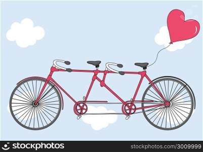 Tandem bicycle with hearts balloons. Valentine&rsquo;s day greeting card. Vector illustration. Bicycle with heart. Vector. Ideal for invitation design, save the date, wedding and other.