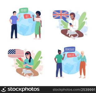 Tandem language learning 2D vector isolated illustration set. Flat characters on cartoon background. Colourful scene collection for website, presentation. Lora, Amatic SC, KozGoPr6N fonts used. Tandem language learning 2D vector isolated illustration set