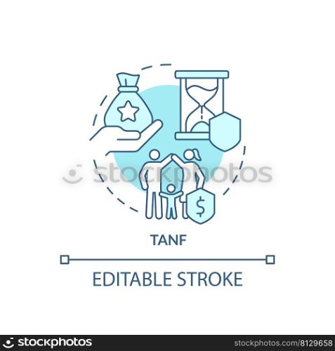 TANF turquoise concept icon. Temporary assistance for needy families. Federal benefit abstract idea thin line illustration. Isolated outline drawing. Editable stroke. Arial, Myriad Pro-Bold fonts used. TANF turquoise concept icon