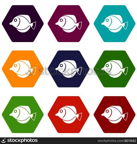 Tang fish, Zebrasoma flavescens icon set many color hexahedron isolated on white vector illustration. Tang fish, Zebrasoma flavescens icon set color hexahedron