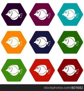 Tang fish, Zebrasoma flavescens icon set many color hexahedron isolated on white vector illustration. Tang fish, Zebrasoma flavescens icon set color hexahedron