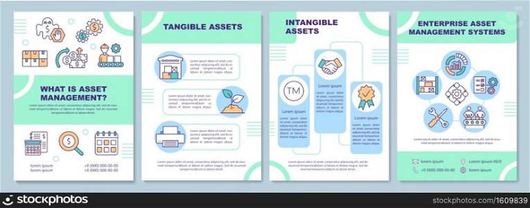 Tangible and intangible asset brochure template. Business organization. Flyer, booklet, leaflet print, cover design with linear icons. Vector layouts for magazines, annual reports, advertising posters. Tangible and intangible asset brochure template
