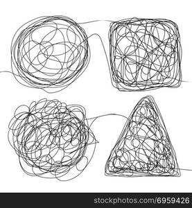 Tangle Scrawl Sketch Set Vector. Doodle Drawing Drawing Triangle, Square, Circle. Solving Problems. Depicts Haywire. Abstract Scribble Shape. Illustration. Tangle Scrawl Sketch Set Vector. Doodle Drawing Drawing Triangle, Square, Circle. Solving Problems. Depicts Haywire. Abstract Scribble Shape