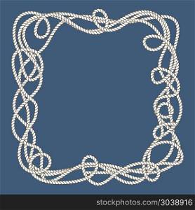 Tangled nautical ropes frame. Tangled nautical ropes frame over blue background. Vector illustration