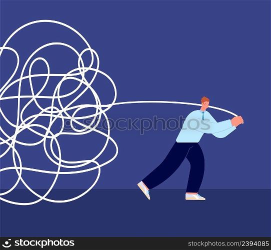 Tangled rope concept. Business problems metaphor. Businessman unraveling chaos. Mental dysfunction, man pulls along past life, vector concept. Illustration of problem and solution. Tangled rope concept. Business problems metaphor. Businessman unraveling chaos. Mental dysfunction, man pulls along past life, vector concept