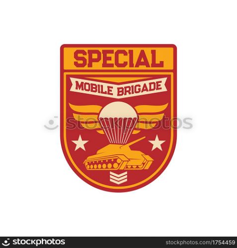Tank and airborne forces special squad isolated military chevron of armored division. Vector survival heavy troops with tank tracks and parachutes, skydiving parachuting. Officer insignia armed forces. Special mobile brigade division tanks and airborne