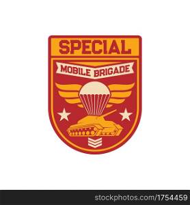 Tank and airborne forces special squad isolated military chevron of armored division. Vector survival heavy troops with tank tracks and parachutes, skydiving parachuting. Officer insignia armed forces. Special mobile brigade division tanks and airborne