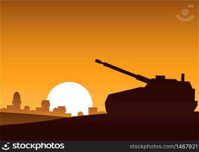 tank still on desert to attack enemy,silhouette design,village background,vector illustration