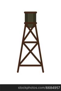Tank tower with metal barrel and wooden cover. Water station for farm or ranch. Building informative vector illustration isolated on white background.. Water Tower Cartoon Illustration Isolated on White