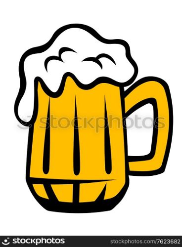 Tankard of golden lager with a frothy head running over the glass, cartoon isolated on white