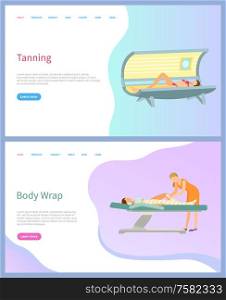 Tanning and body wrap vector, beauty services salon web page. Solarium and procedure table with wrapping types, skincare and artificial tan, women. Website or webpage template landing page in flat. Tanning and Body Wrap, Beauty Services Salon Page