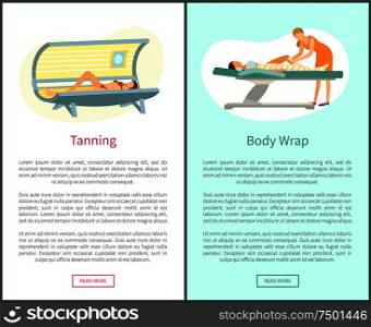 Tanning and body wrap web posters in spa salon. Procedure of professional and client lying on table and relaxing, woman in solarium with text sample. Tanning and Body Wrap Web Posters in Spa Salon