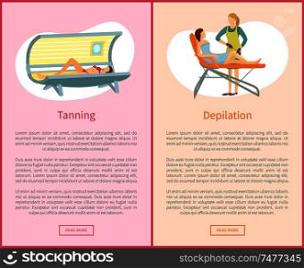 Tanning and depilation web posters in spa salon. Procedure of hair removal client lying on table and relaxing, woman in solarium with text sample. Tanning and Depilation Online Posters in Spa Salon
