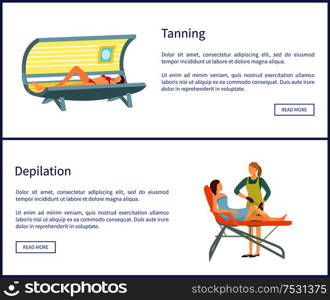 Tanning and depilation web posters in spa salon. Procedure of hair removal client lying on table and relaxing, woman in solarium with push button. Tanning and Depilation Online Posters in Spa Salon