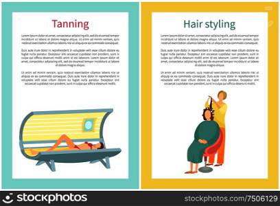 Tanning and hair styling procedures of woman in spa salon. Hairdresser making haircut and woman sunbathing by ultraviolet to produce cosmetic tan vector. Tanning and Hair Styling Procedure of Woman in Spa