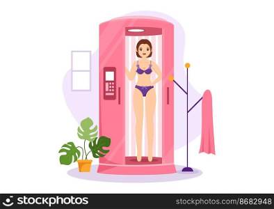 Tanning Bed Procedure to Get Exotic Skin with Modern Technology at the Spa Salon Solarium in Flat Cartoon Hand Drawn Templates Illustration