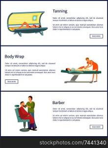Tanning, body wrap and barber shop web posters in spa salon. Cosmetic procedures for people taking care about beauty, woman in solarium, text s&les. Tanning, Body Wrap and Barber Shop Web Posters