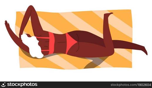 Tanning female character laying on blanket and sunbathing. Lady getting tanned staying by seaside or beach. Summertime activities and rest, leisure and hobbies in summer. Vector in flat style. Woman laying on blanket sunbathing on holidays
