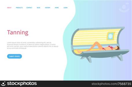 Tanning procedure at spa salon lady in sunroom vector. Woman getting tan on skin, professional treatment in solarium online page with text sample. Website or webpage template landing page in flat. Tanning Spa Salon Procedure Sunroom Skin Treatment