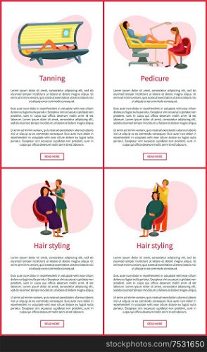Tanning tan in solarium, gaining different skin color. Pedicurist with client woman hair styling. Making hairstyle, set of posters with text vector. Tanning Tan in Solarium Pedicurist Posters Vector