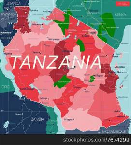 Tanzania country detailed editable map with regions cities and towns, roads and railways, geographic sites. Vector EPS-10 file. Tanzania country detailed editable map