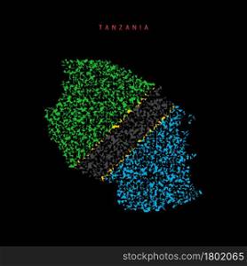 Tanzania flag map, chaotic particles pattern in the colors of the Tanzanian flag. Vector illustration isolated on black background.. Tanzania flag map, chaotic particles pattern in the Tanzanian flag colors. Vector illustration