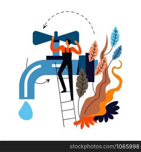 Tap and plumber in overalls on ladder isolated icon abstract leaves man in uniform and plumbery item fixing household services home maintenance service worker repairing and renovation vector.. Tap and plumber in overalls on ladder isolated icon abstract leaves