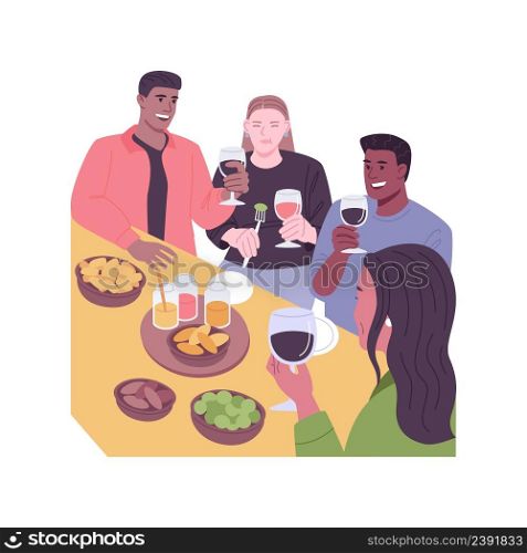 Tapas and snacks isolated cartoon vector illustrations. Group of smiling people drinking wine together, clinking glasses, snacks on the table, leisure time with friends vector cartoon.. Tapas and snacks isolated cartoon vector illustrations.