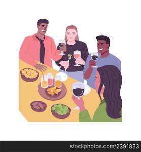 Tapas and snacks isolated cartoon vector illustrations. Group of smiling people drinking wine together, clinking glasses, snacks on the table, leisure time with friends vector cartoon.. Tapas and snacks isolated cartoon vector illustrations.