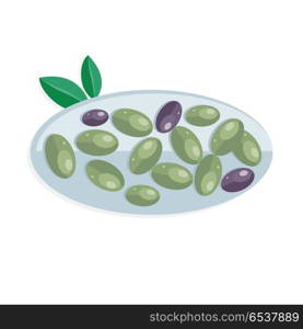 Tapas Variety of Appetizers, Snacks, in Spain. Tapas variety of appetizers, snacks, in Spanish cuisine. Spain food concept in flat design. Olives isolated on white. Plate of olives. Olives at Spain festival. Flat style design. Vector illustration