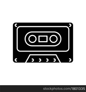 Tape cassette black glyph icon. Music and sounds storage. Vintage technology. Flat cartridge for audio recording. Collecting audiotapes. Silhouette symbol on white space. Vector isolated illustration. Tape cassette black glyph icon