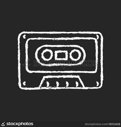 Tape cassette chalk white icon on dark background. Music and sounds storage. Vintage technology. Flat cartridge for recording. Collecting audiotapes. Isolated vector chalkboard illustration on black. Tape cassette chalk white icon on dark background