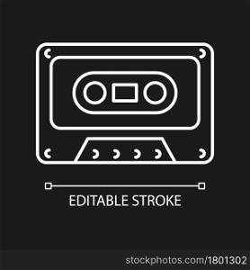 Tape cassette white linear icon for dark theme. Music and sounds storage. Vintage technology. Thin line customizable illustration. Isolated vector contour symbol for night mode. Editable stroke. Tape cassette white linear icon for dark theme