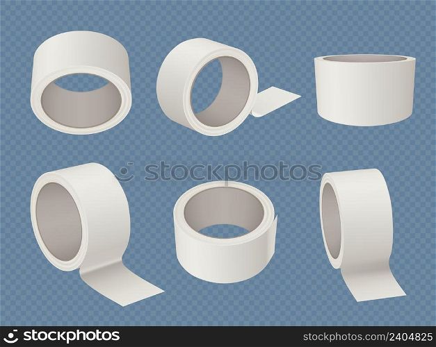 Tape roll. 3d mockup of white realistic office sticky round transparent tape decent vector collection set isolated. Illustration roll tape mockup, adhesive sticky stationary. Tape roll. 3d mockup of white realistic office sticky round transparent tape decent vector collection set isolated