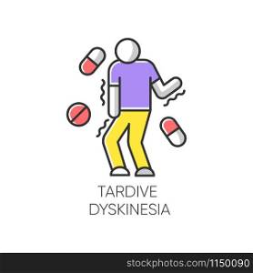 Tardive dyskinesia color icon. Tremor from medication. Movement problem from neuroleptics. Chorea, athetosis. Mental disorder. Neurological disease from pills. Isolated vector illustration