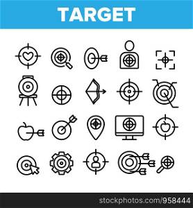 Target Aim Collection Elements Vector Icons Set Thin Line. Different Game Military Shape Target, Dartboard With Arrow And Archery Concept Linear Pictograms. Monochrome Contour Illustrations. Target Aim Collection Elements Vector Icons Set