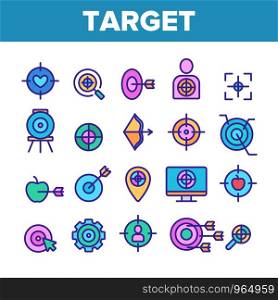 Target Aim Collection Elements Vector Icons Set Thin Line. Different Game Military Shape Target, Dartboard With Arrow And Archery Concept Linear Pictograms. Color Contour Illustrations. Target Aim Color Elements Vector Icons Set