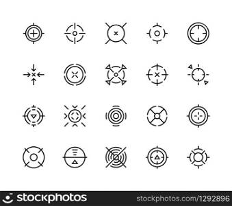 Target aim icons. Shooter game bullseye mark, military accuracy sight for sniper shot, line circles and cross. Vector target symbols focus snipers point or cursor logo. Target aim icons. Shooter game bullseye mark, military accuracy sight for sniper shot, line circles and cross. Vector target symbols