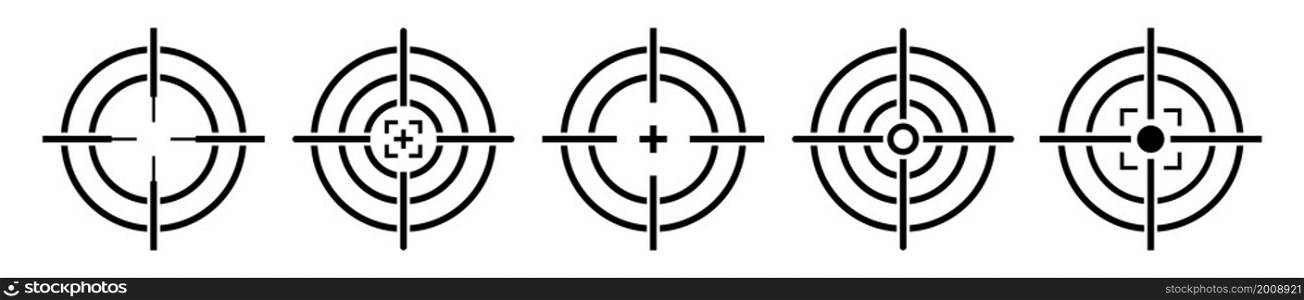 Target and aim icon collection. Sight sign. Focus, sniper symbols isolated on black background. Business strategy concept. Vector illustration. . Target and aim icon collection. Sight sign. Focus, sniper symbols isolated on black background.