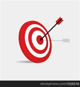 Target and arrow icon. Red round dart board with arrow flying to bullseye. Vector illustration.. Target and arrow icon. Red round dart board with arrow flying to bullseye.