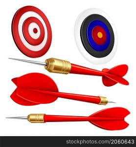 Target arrow goal dart set. Business hit. Aim gart game. Bullseye objective. Dartboard target concept. Accurate focus arrow strategy 3d realistic vector. Target arrow goal dart set vector