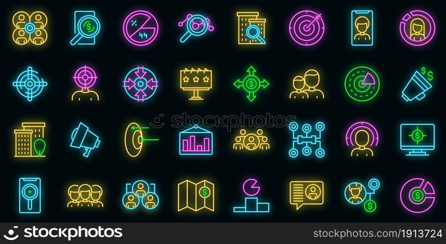 Target audience icons set. Outline set of target audience vector icons neon color on black. Target audience icons set vector neon